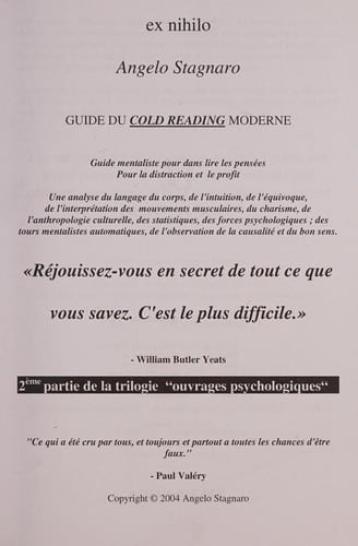 Couverture du livre Ex Nihilo, guide du cold reading moderne, d'Angelo Stagnaro